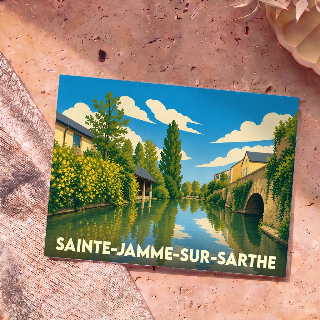 Carte postale souvenir de la ville de Sainte-Jamme-sur-Sarthe avec une illustration stylisée des bords de la Sarthe.