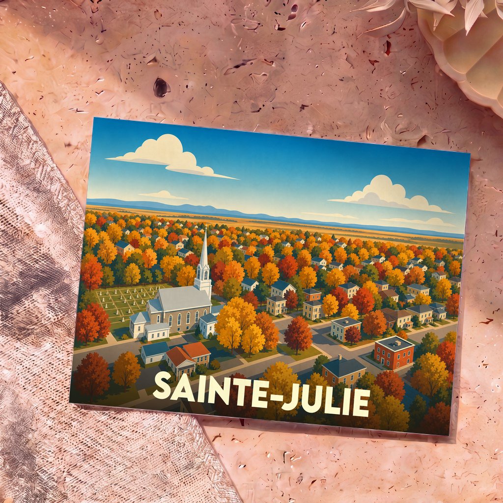 Carte postale souvenir de la ville de Sainte-Julie avec une illustration stylisée d'un paysage d'automne.