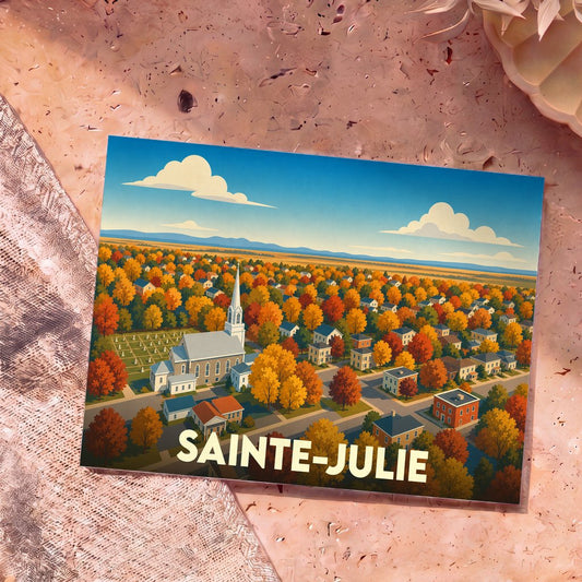 Carte postale souvenir de la ville de Sainte-Julie avec une illustration stylisée d'un paysage d'automne.