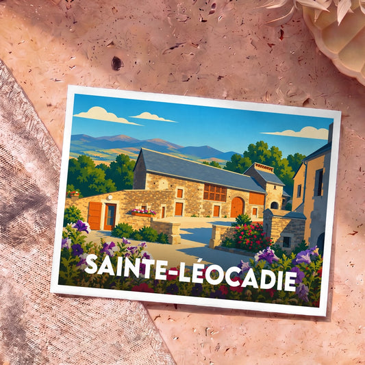 Carte postale souvenir de la ville de Sainte-Léocadie avec une illustration colorée et stylisée d'un mas en pierre.