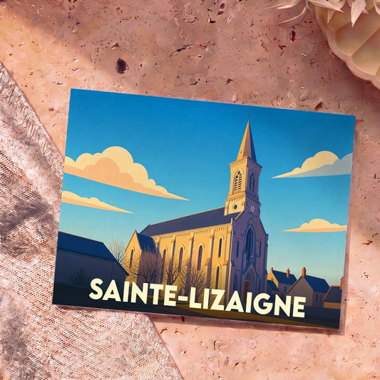 Carte postale souvenir de la ville de Sainte-Lizaigne avec une illustration stylisée de son église sous un ciel bleu.