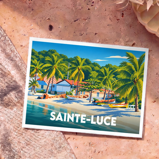 Carte postale souvenir de la ville de Sainte-Luce représentant une plage tropicale avec des palmiers et des barques colorées.
