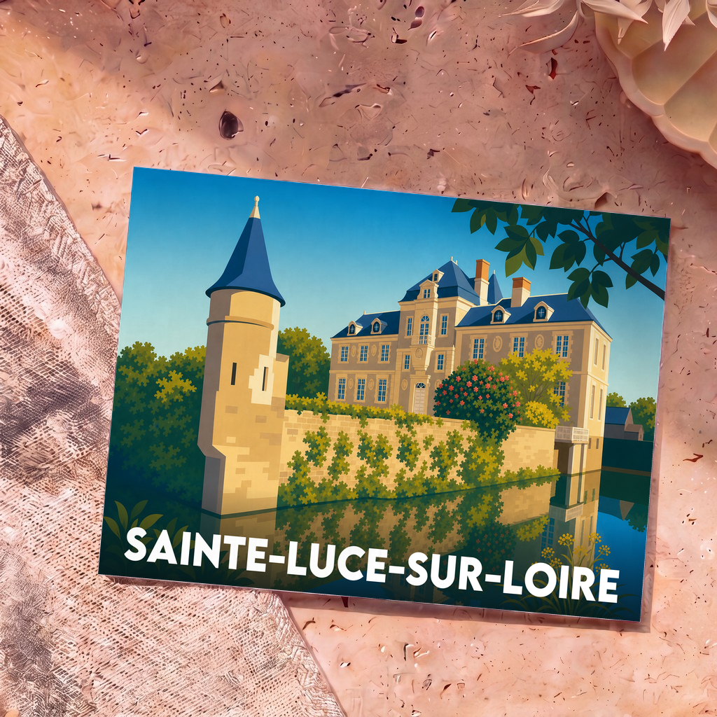 Carte postale souvenir de la ville de Sainte-Luce-sur-Loire avec une illustration stylisée de son château bordant l'eau.
