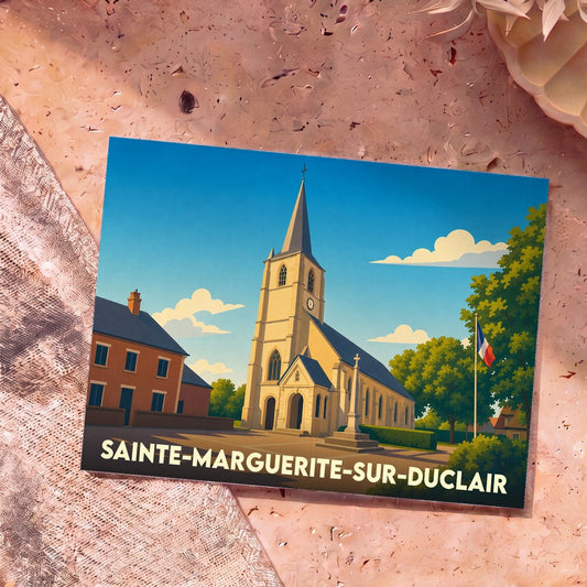Carte postale souvenir de Sainte-Marguerite-sur-Duclair représentant son église dans un style graphique épuré.