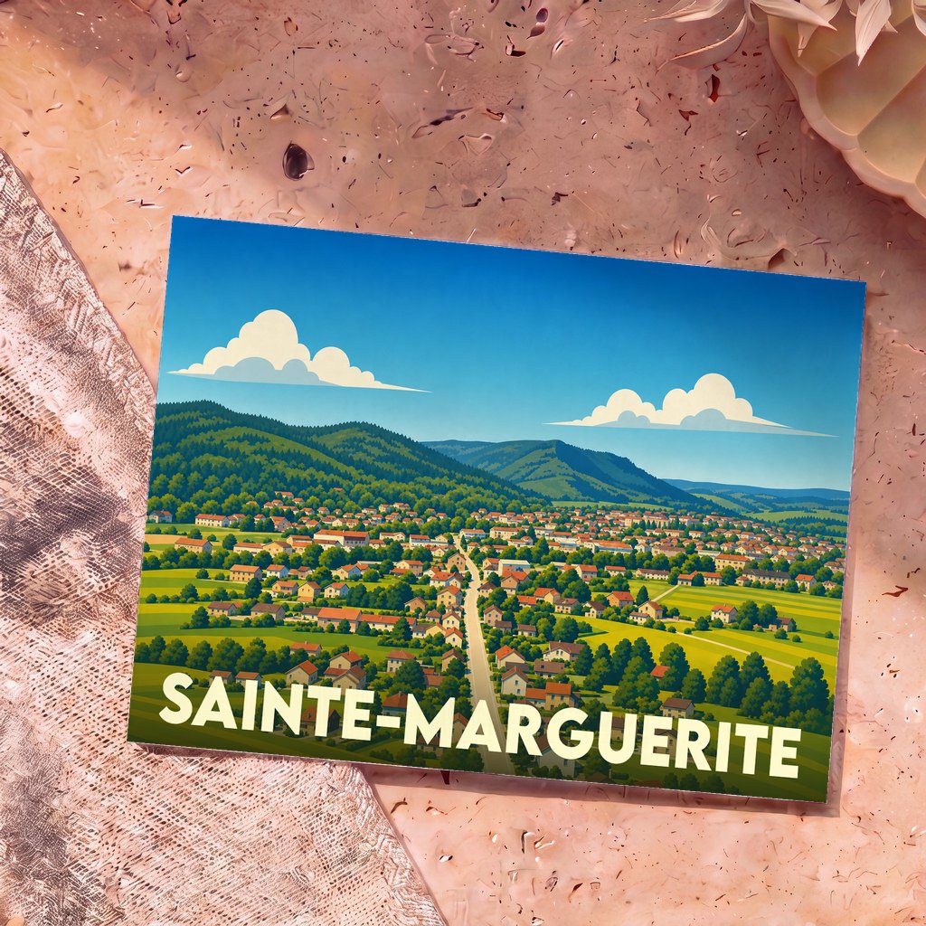 Carte postale souvenir de la ville de Sainte-Marguerite avec une illustration stylisée d'un village niché dans une vallée verdoyante.