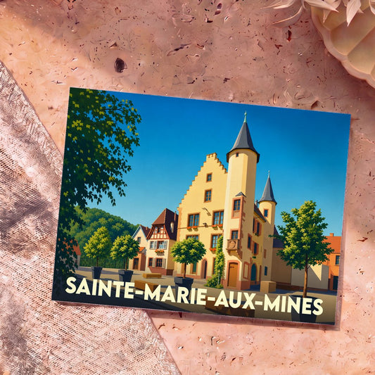 Carte postale souvenir de la ville de Sainte-Marie-aux-Mines avec une illustration stylisée de son architecture traditionnelle.