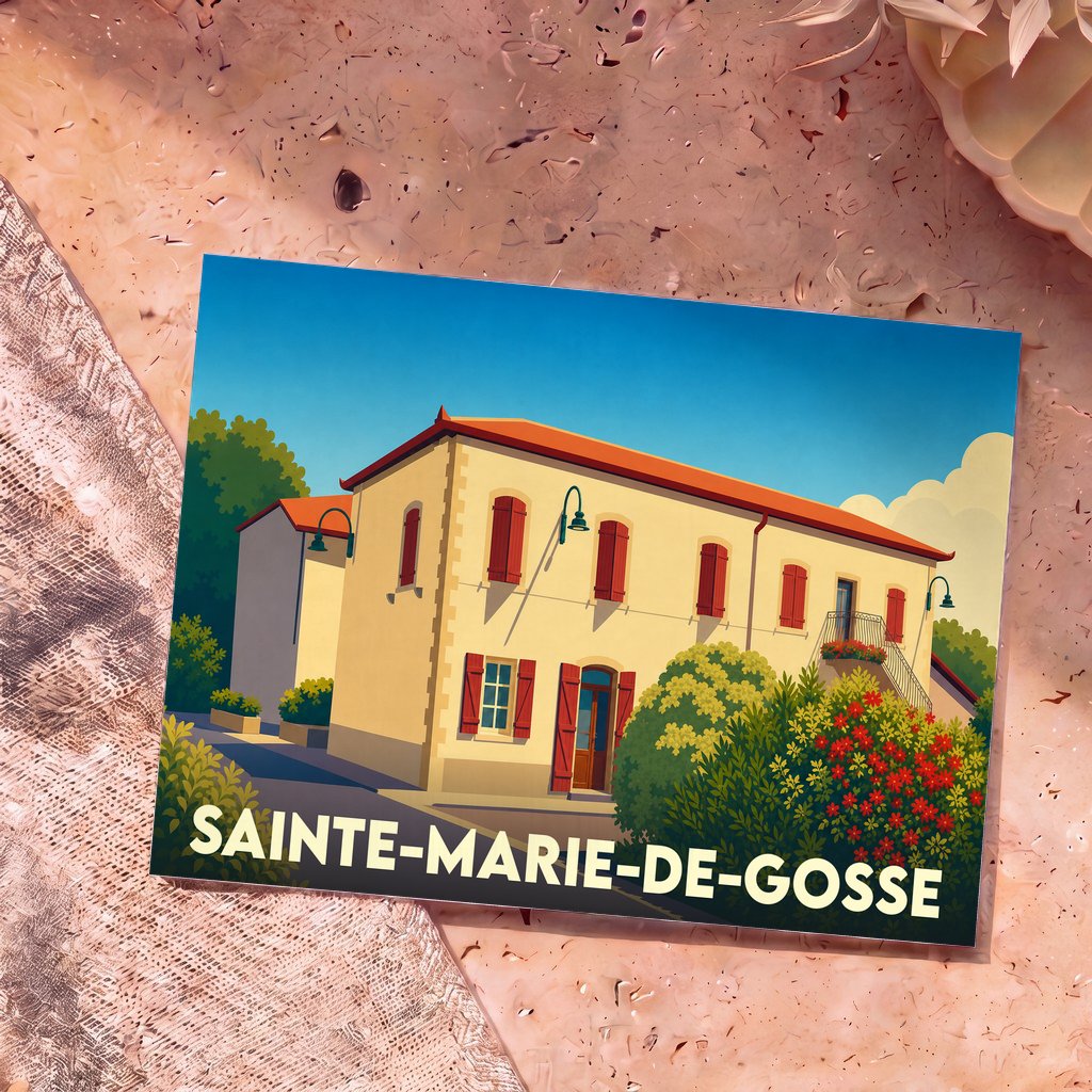 Carte postale souvenir de Sainte-Marie-de-Gosse illustrant une maison traditionnelle aux volets rouges dans un style épuré.