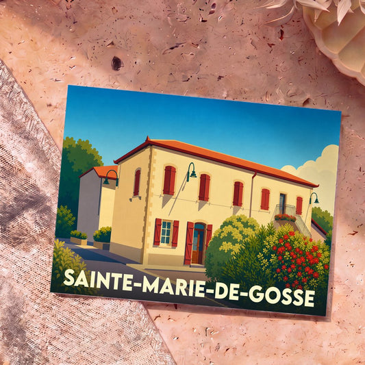 Carte postale souvenir de Sainte-Marie-de-Gosse illustrant une maison traditionnelle aux volets rouges dans un style épuré.