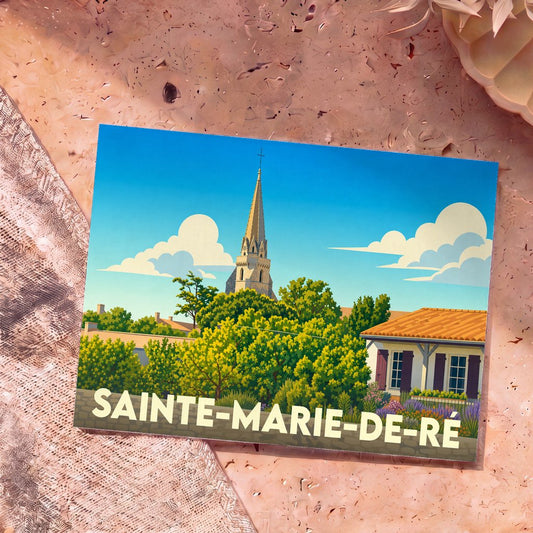 Carte postale souvenir de Sainte-Marie-de-Ré avec une illustration stylisée de son église et de maisons fleuries.
