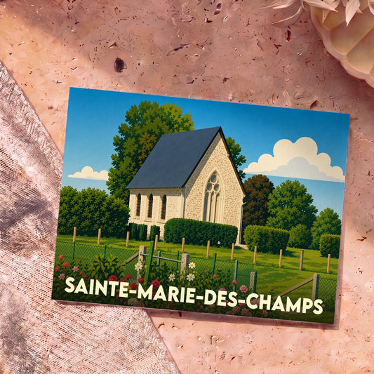 Carte postale souvenir de Sainte-Marie-des-Champs illustrant une petite chapelle champêtre dans un style graphique épuré.