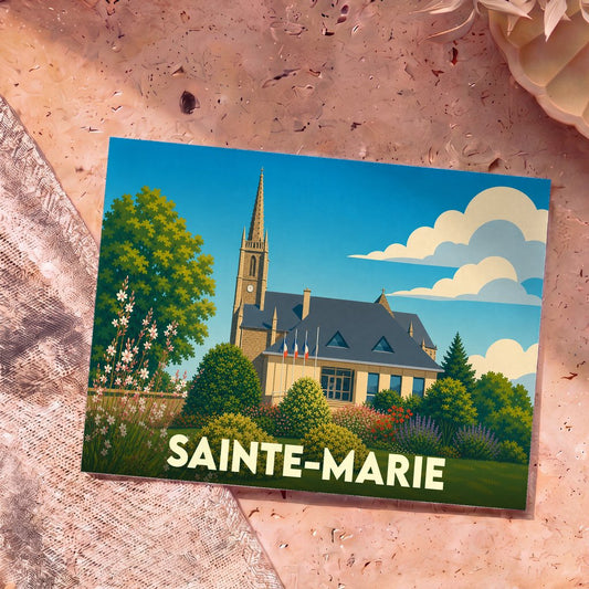 Carte postale souvenir de la ville de Sainte-Marie avec une illustration stylisée d'une église et de son jardin.
