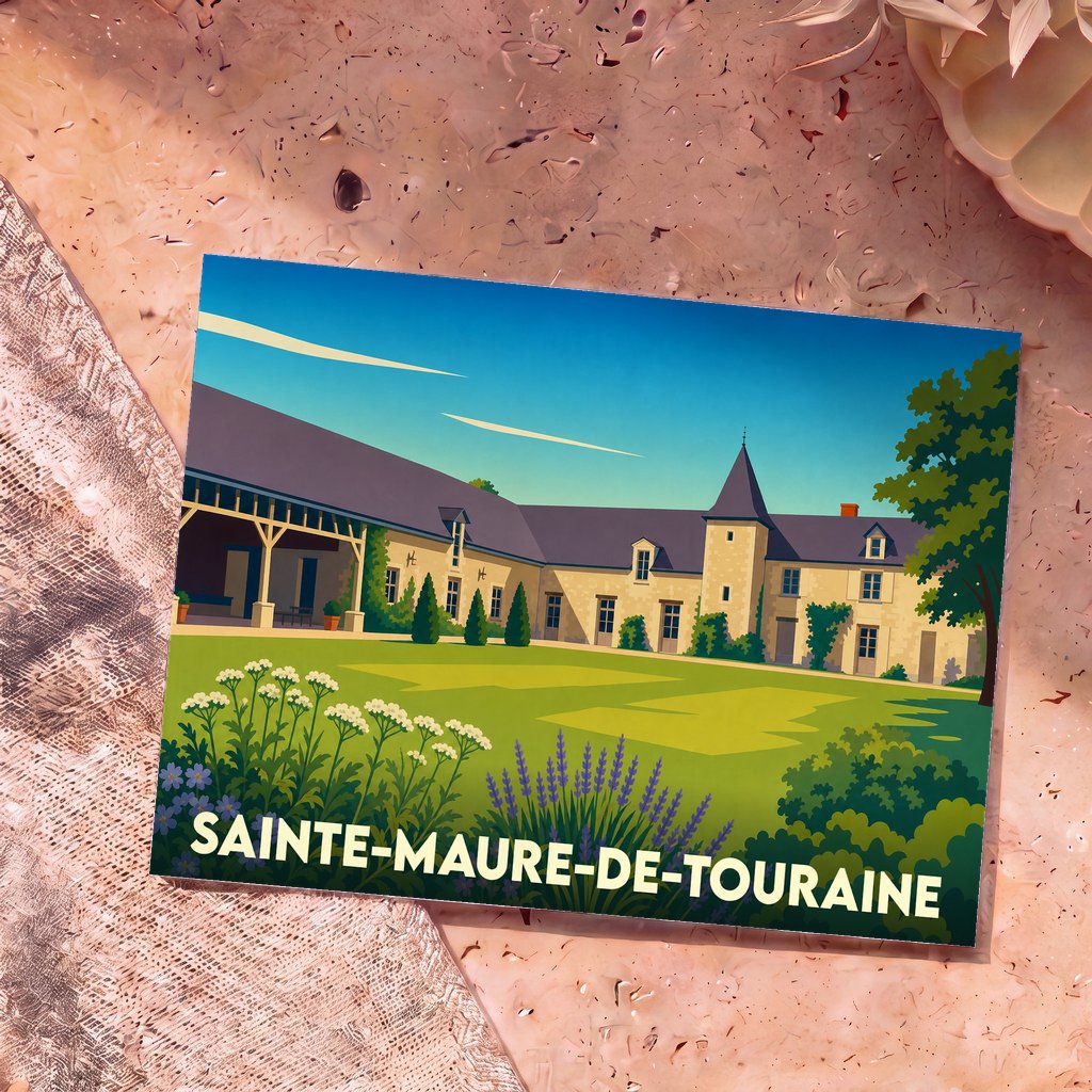 Carte postale souvenir de la ville de Sainte-Maure-de-Touraine avec une illustration stylisée d'un domaine traditionnel.