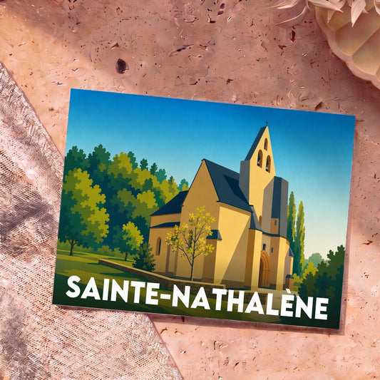 Carte postale souvenir de la ville de Sainte-Nathalène avec une illustration stylisée de son église.