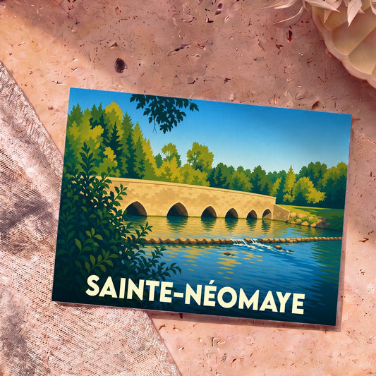 Carte postale souvenir de Sainte-Néomaye illustrant son pont de pierre enjambant la rivière dans un style graphique épuré.