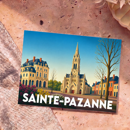 Carte postale souvenir de la ville de Sainte-Pazanne avec une illustration stylisée de son église et de ses bâtiments.