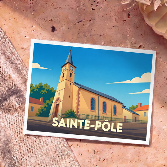 Carte postale souvenir de la ville de Sainte-Pôle illustrant son église dans un style graphique épuré.