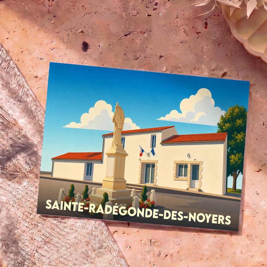 Carte postale souvenir de la ville de Sainte-Radégonde-des-Noyers avec une illustration stylisée de sa mairie et de son monument.