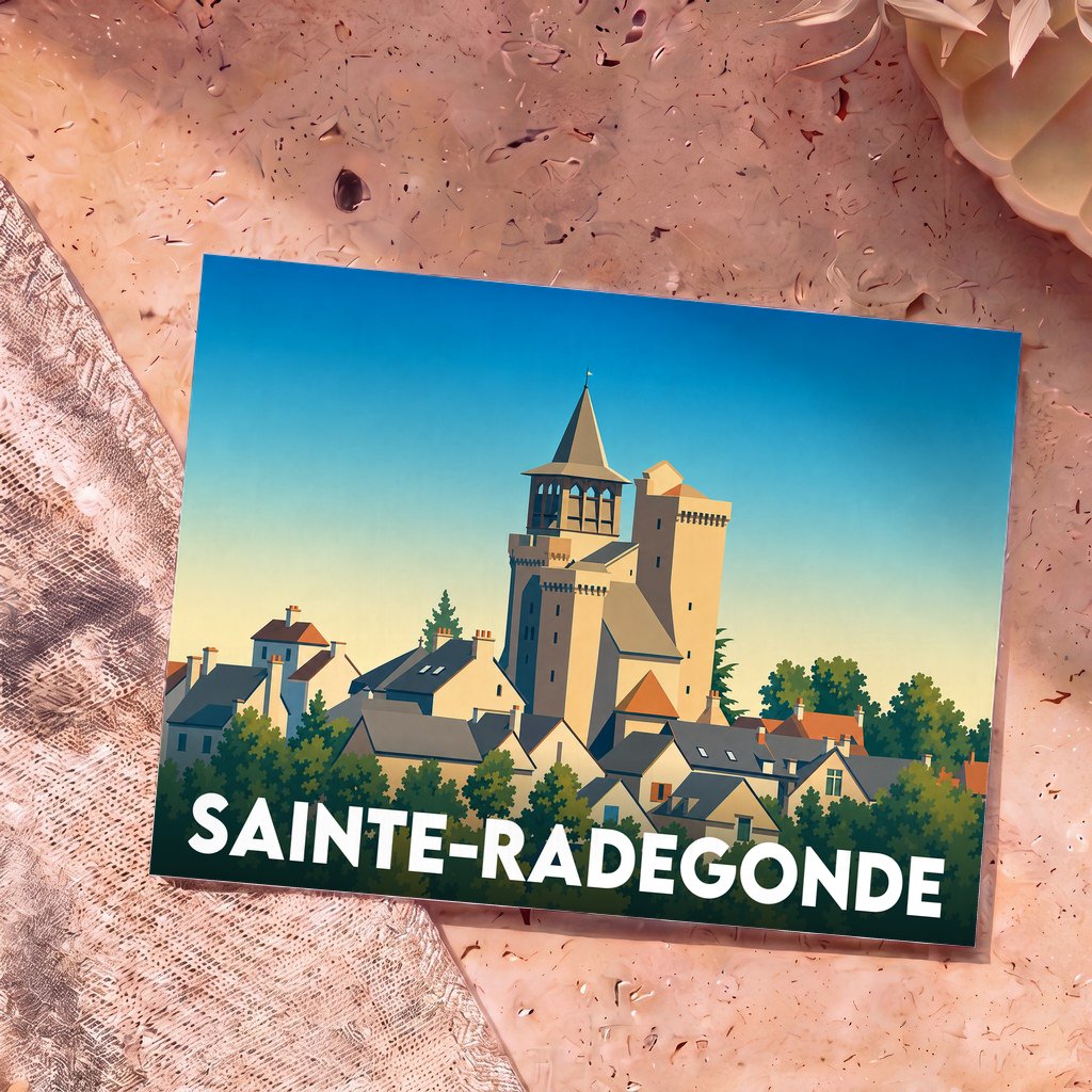 Carte postale souvenir de la ville de Sainte-Radegonde avec une illustration stylisée de ses monuments.