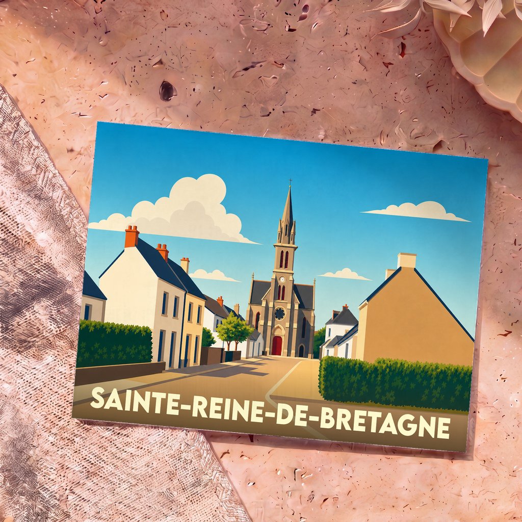 Carte postale souvenir de Sainte-Reine-de-Bretagne avec une illustration stylisée de son église et de ses maisons typiques.