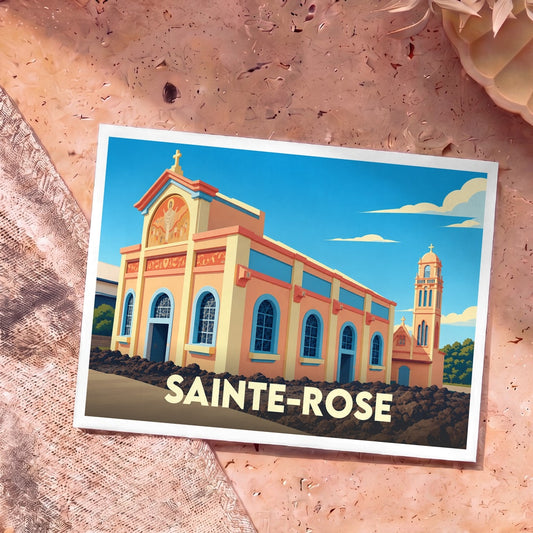 Carte postale souvenir de la ville de Sainte-Rose avec une illustration stylisée de son église emblématique.