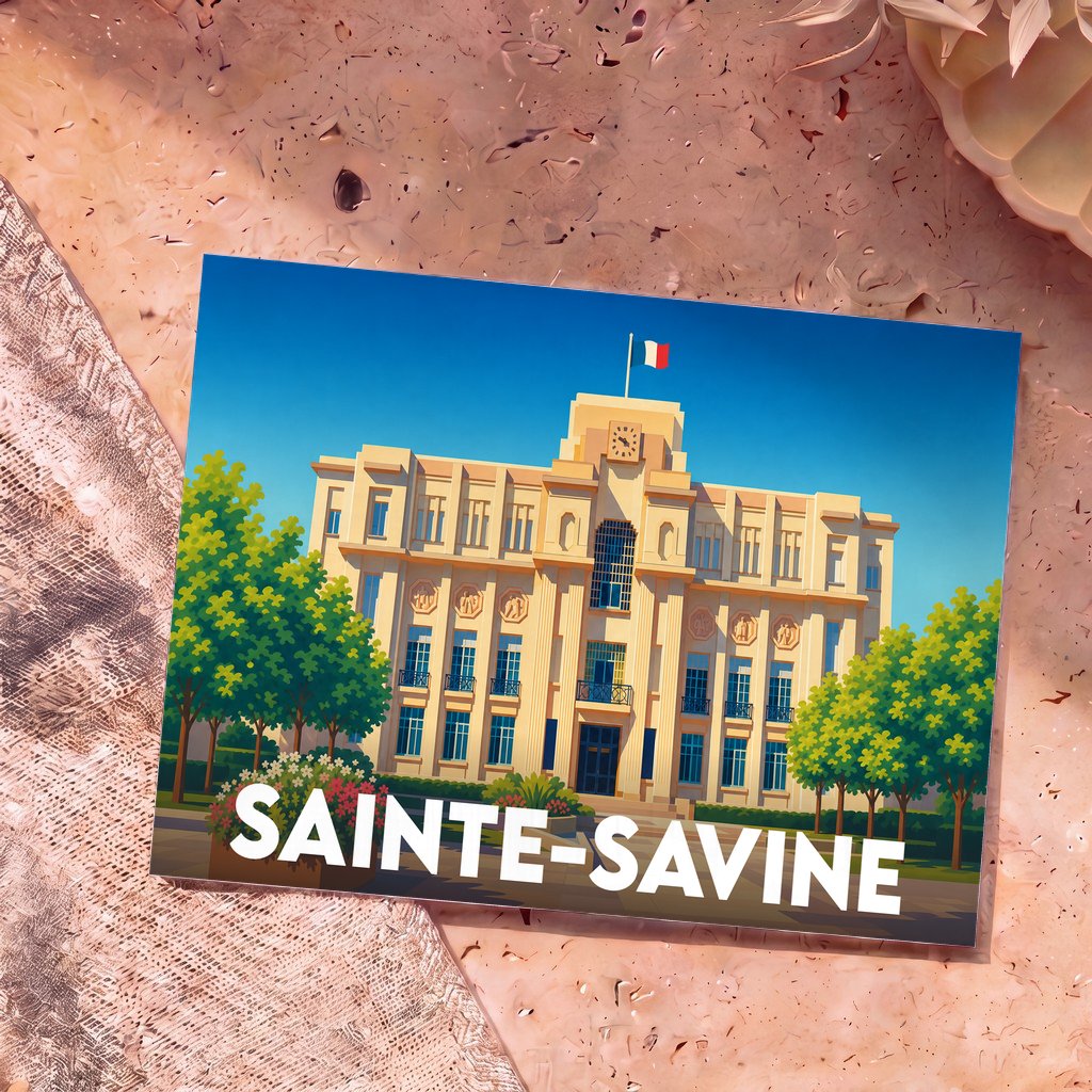 Carte postale souvenir de la ville de Sainte-Savine illustrant son hôtel de ville dans un style graphique épuré.
