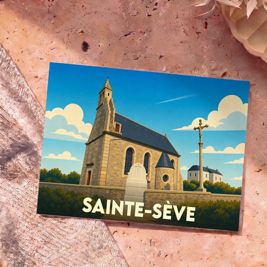 Carte postale souvenir de la ville de Sainte-Sève avec une illustration stylisée de son église et de son calvaire.