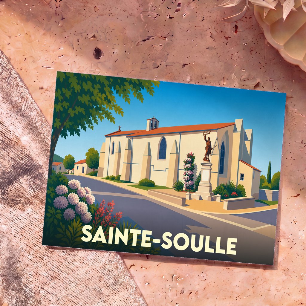 Carte postale souvenir de la ville de Sainte-Soulle avec une illustration stylisée de son église et de sa place.