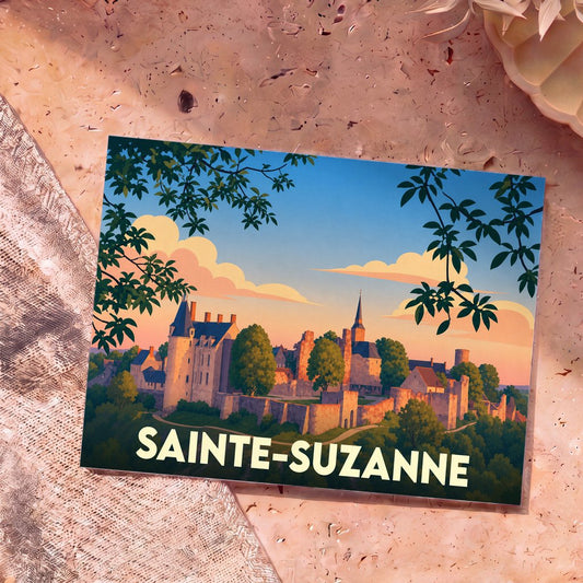 Carte postale souvenir de la ville de Sainte-Suzanne avec une illustration stylisée de son château médiéval au coucher du soleil.