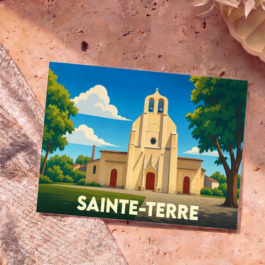 Carte postale souvenir de la ville de Sainte-Terre illustrant son église dans un style graphique épuré.