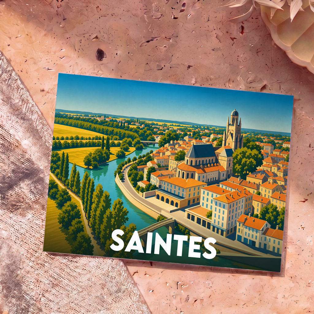 Carte postale souvenir de la ville de Saintes avec une illustration stylisée représentant les monuments historiques au bord du fleuve.