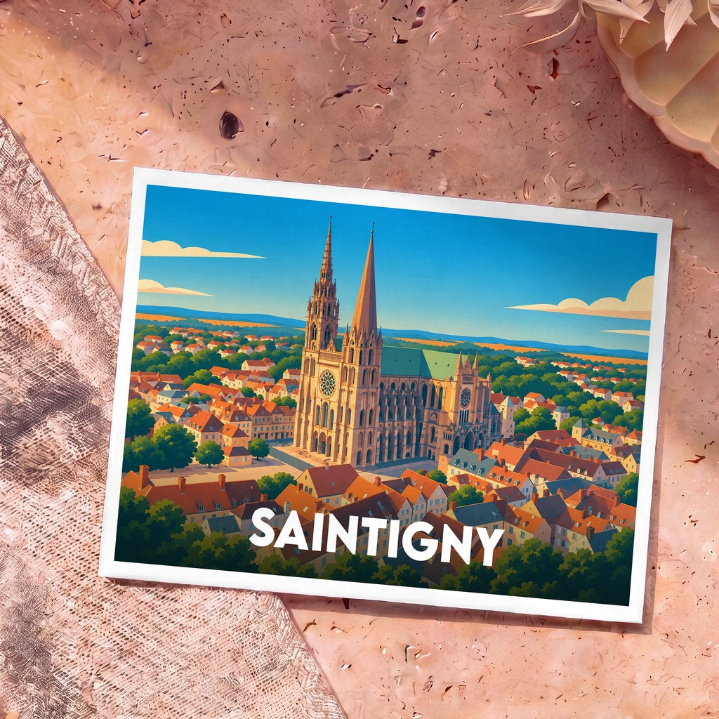 Carte postale souvenir de la ville de Saintigny avec une illustration stylisée de sa cathédrale dominant les toits.
