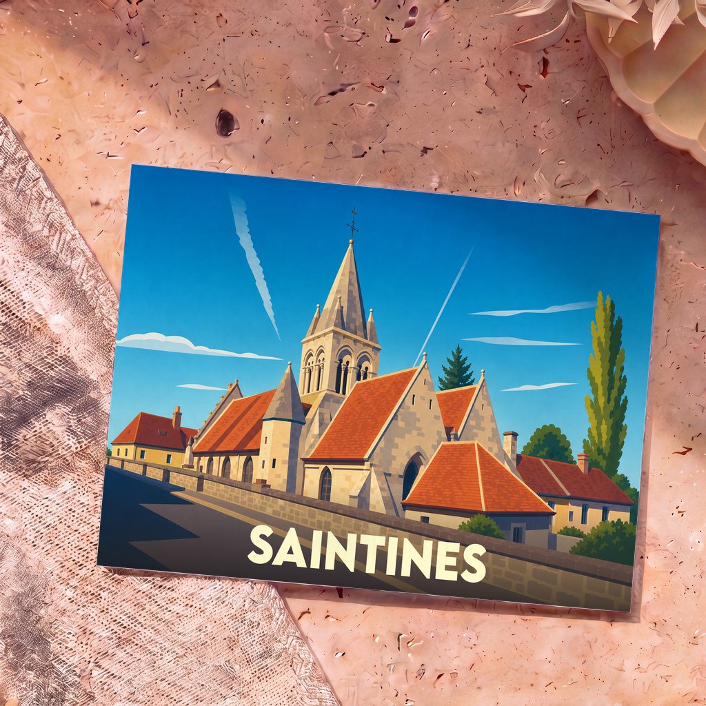 Carte postale souvenir de la ville de Saintines avec une illustration stylisée de son église sous un ciel bleu.