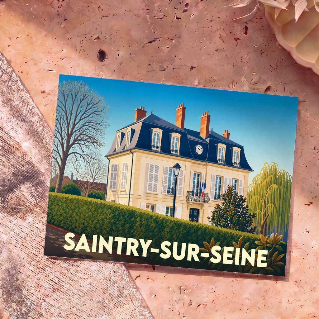 Carte postale souvenir de la ville de Saintry-sur-Seine avec une illustration stylisée de la mairie.