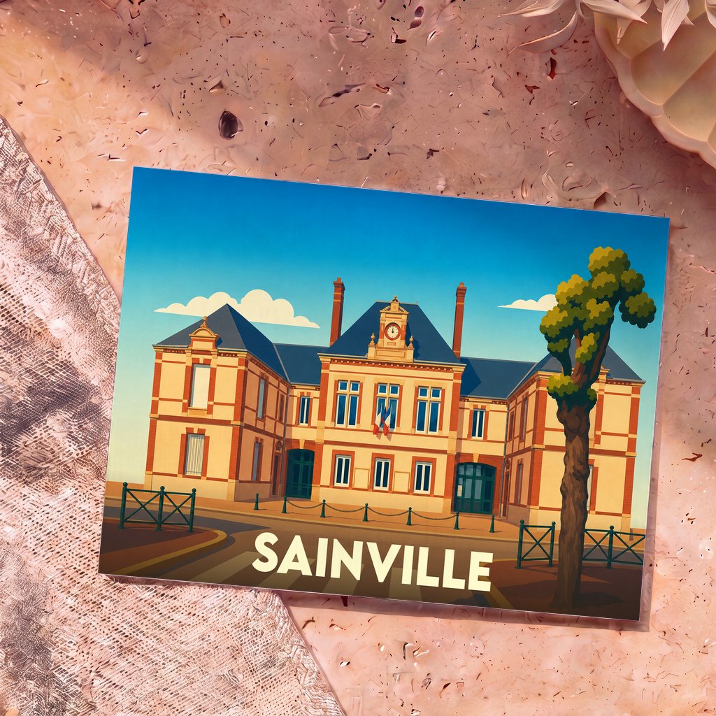 Carte postale souvenir de la ville de Sainville avec une illustration stylisée de son hôtel de ville.