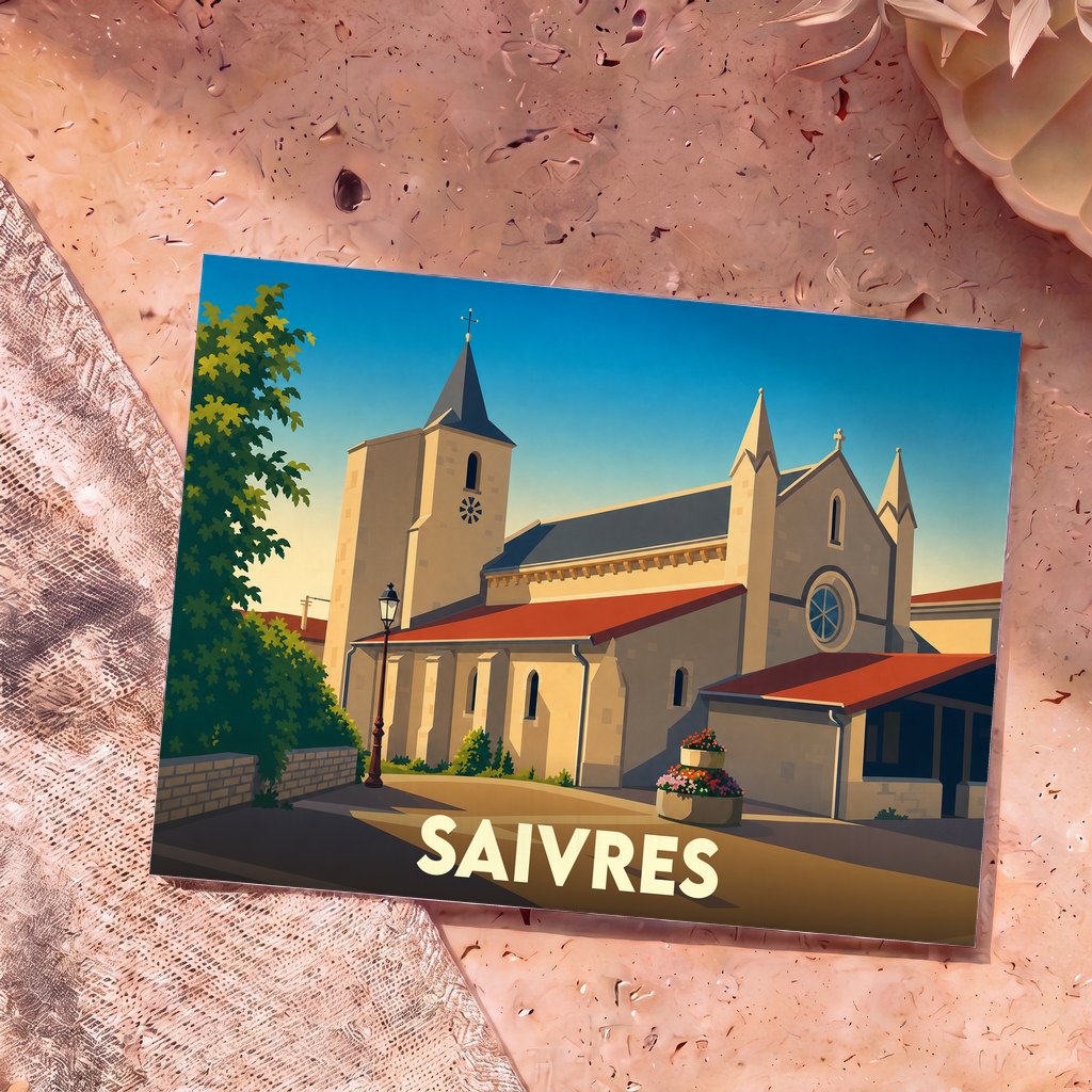 Carte postale souvenir de la ville de Saivres avec une illustration stylisée de son église.