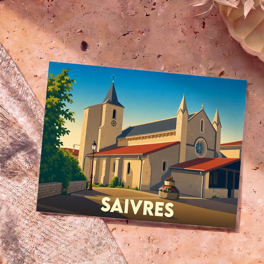 Carte postale souvenir de la ville de Saivres avec une illustration stylisée de son église.