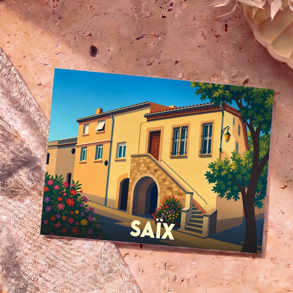 Carte postale souvenir de la ville de Saïx avec une illustration stylisée d'une maison de village ensoleillée.
