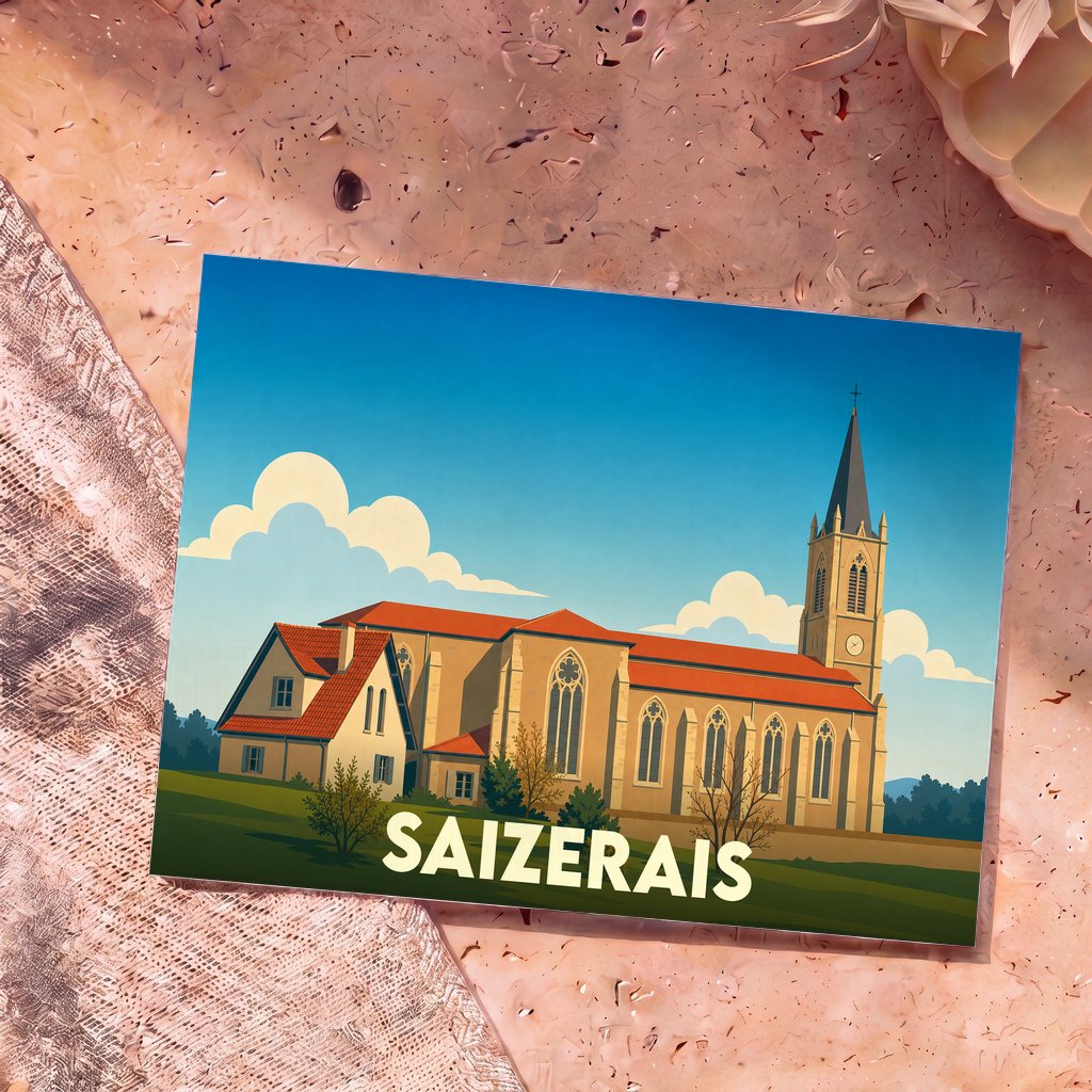 Carte postale souvenir de la ville de Saizerais illustrant son église dans un style graphique épuré.