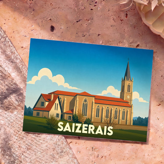Carte postale souvenir de la ville de Saizerais illustrant son église dans un style graphique épuré.