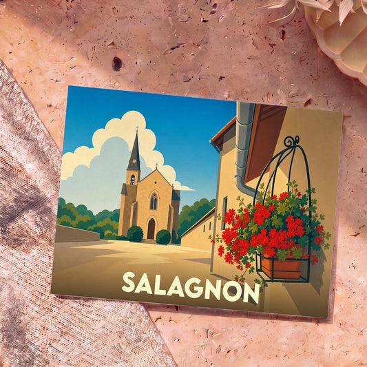 Carte postale souvenir de la ville de Salagnon arborant une illustration stylisée de son église et de fleurs colorées.