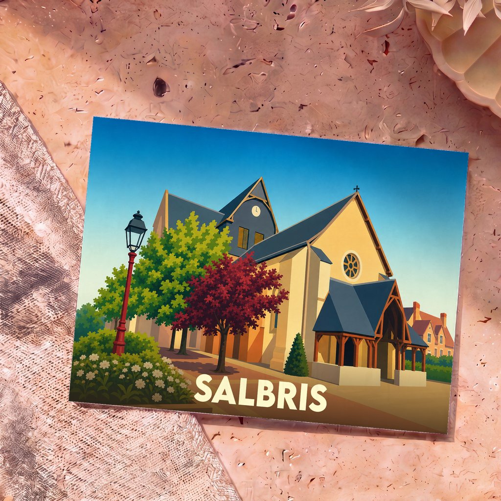 Carte postale souvenir de la ville de Salbris illustrant son église dans un style graphique épuré et coloré.