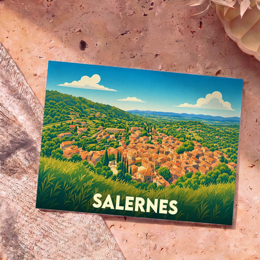 Carte postale souvenir de la ville de Salernes avec une illustration stylisée de ses collines et de ses toits provençaux.