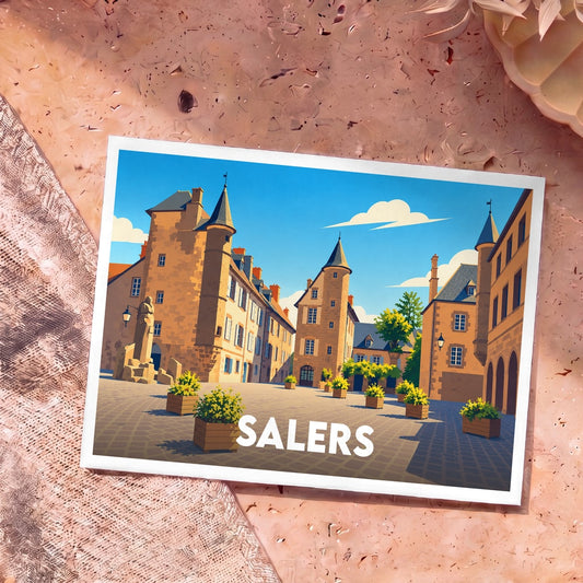 Carte postale souvenir de la ville de Salers illustrant sa place centrale et son architecture médiévale.