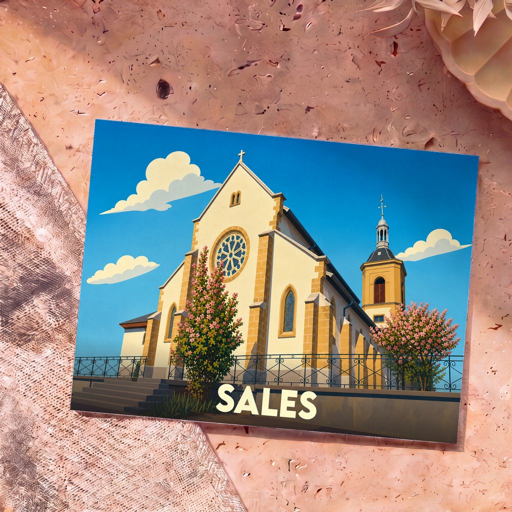 Carte postale souvenir de la ville de Sales illustrée par une église stylisée sous un ciel bleu.
