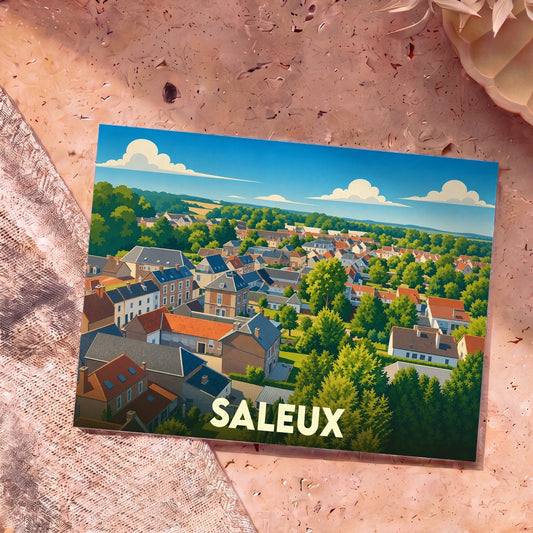 Carte postale souvenir de la ville de Saleux avec une illustration stylisée et colorée.