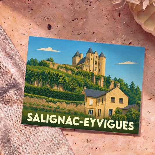 Carte postale souvenir de la ville de Salignac-Eyvigues illustrant son château et ses jardins dans un style graphique épuré.