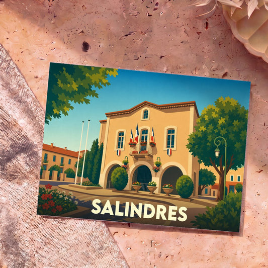 Carte postale souvenir de la ville de Salindres avec une illustration stylisée de sa mairie.