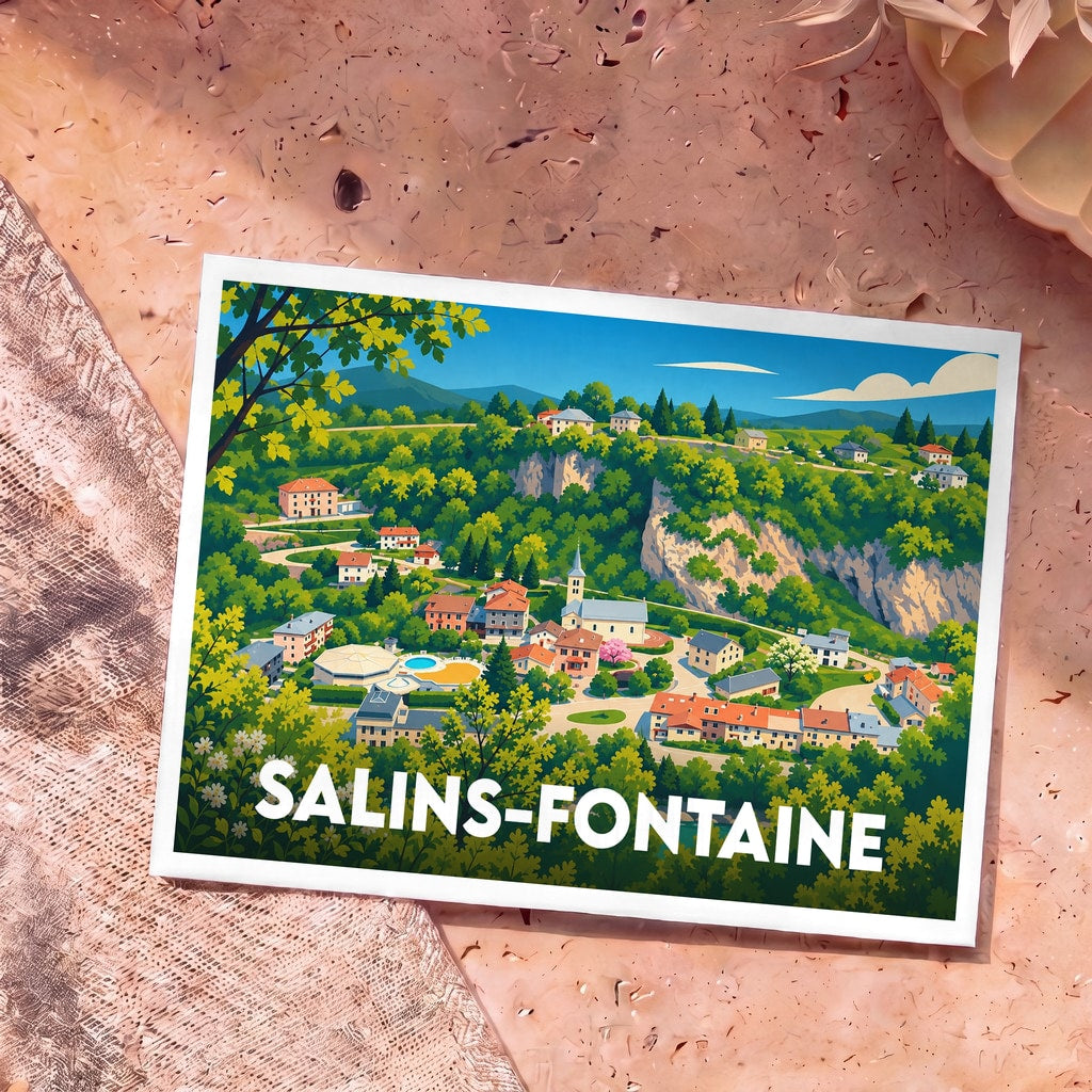 Carte postale souvenir de la ville de Salins-Fontaine avec une illustration stylisée et colorée de ses paysages et de son architecture.