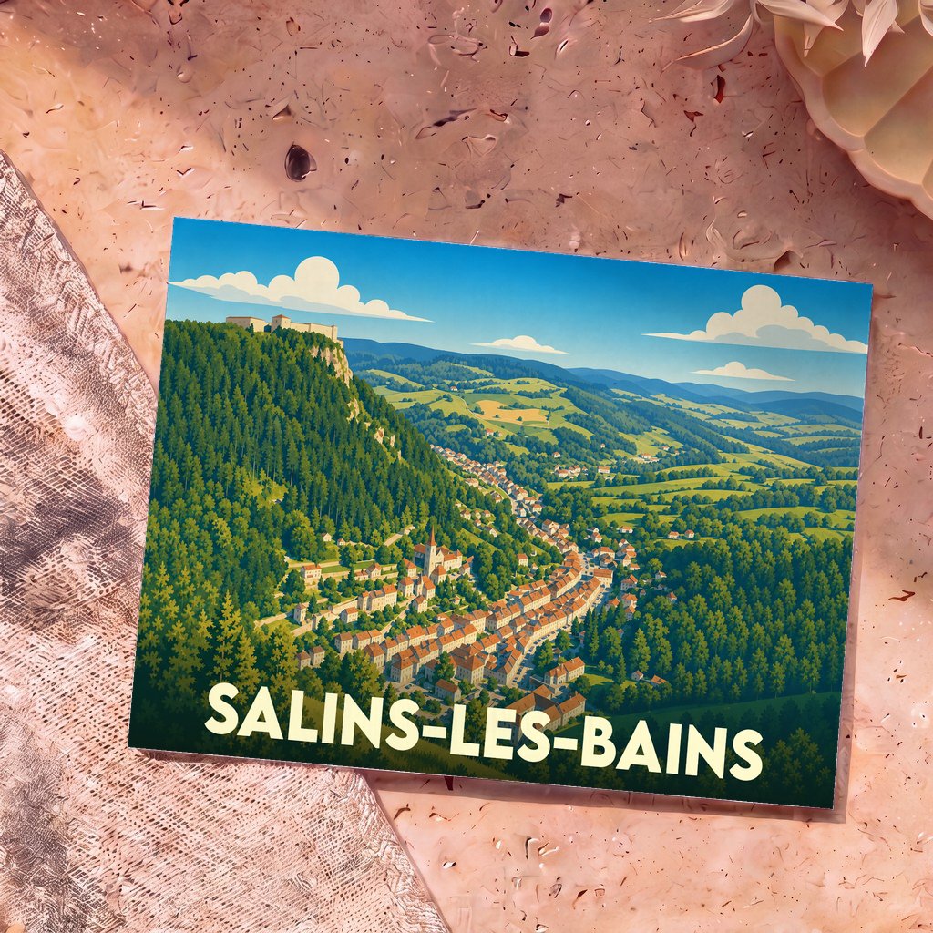 Carte postale souvenir de la ville de Salins-les-Bains avec une illustration stylisée de sa vallée verdoyante.