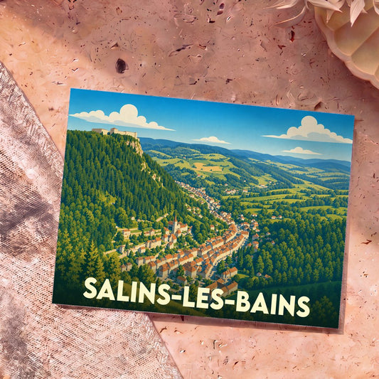 Carte postale souvenir de la ville de Salins-les-Bains avec une illustration stylisée de sa vallée verdoyante.